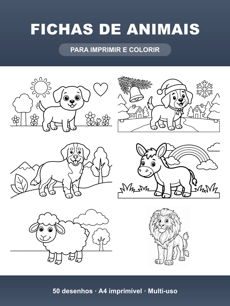 Fichas de Animais · 50 Desenhos P&B para Imprimir