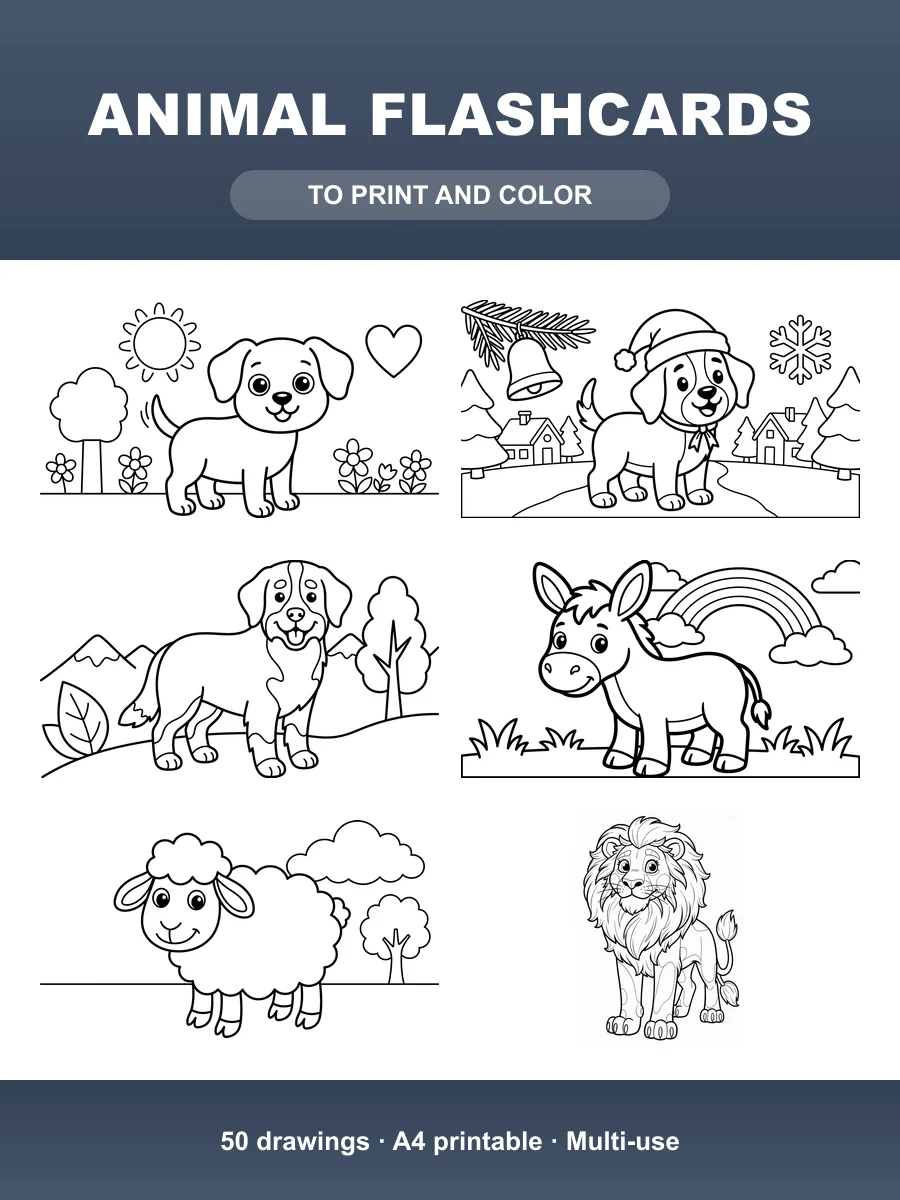 Animal Flashcards · 50 Printable B&W Drawings