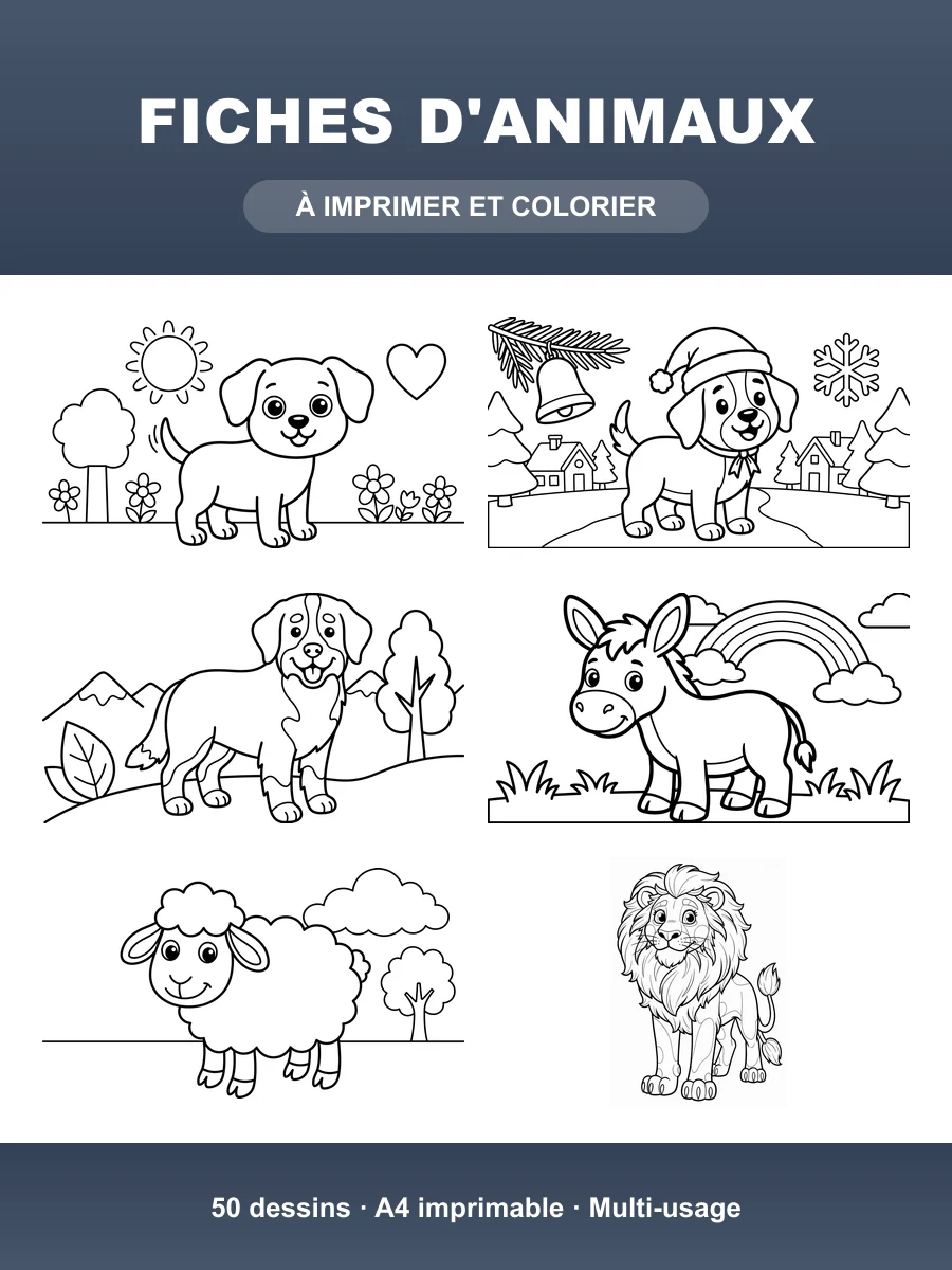 Fiches d'Animaux · 50 Dessins N&B Imprimables
