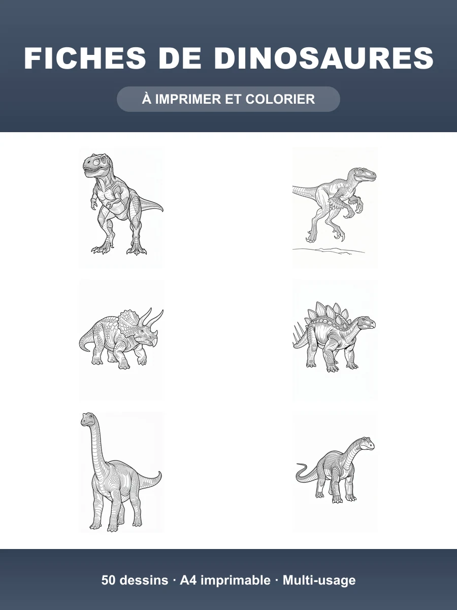 Fiches de Dinosaures · 50 Dessins N&B Imprimables