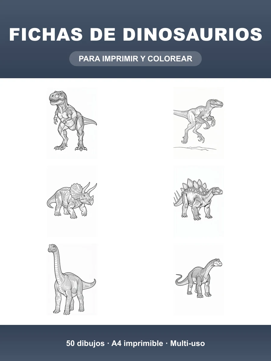 Fichas de Dinosaurios · 50 Dibujos B&N para Imprimir