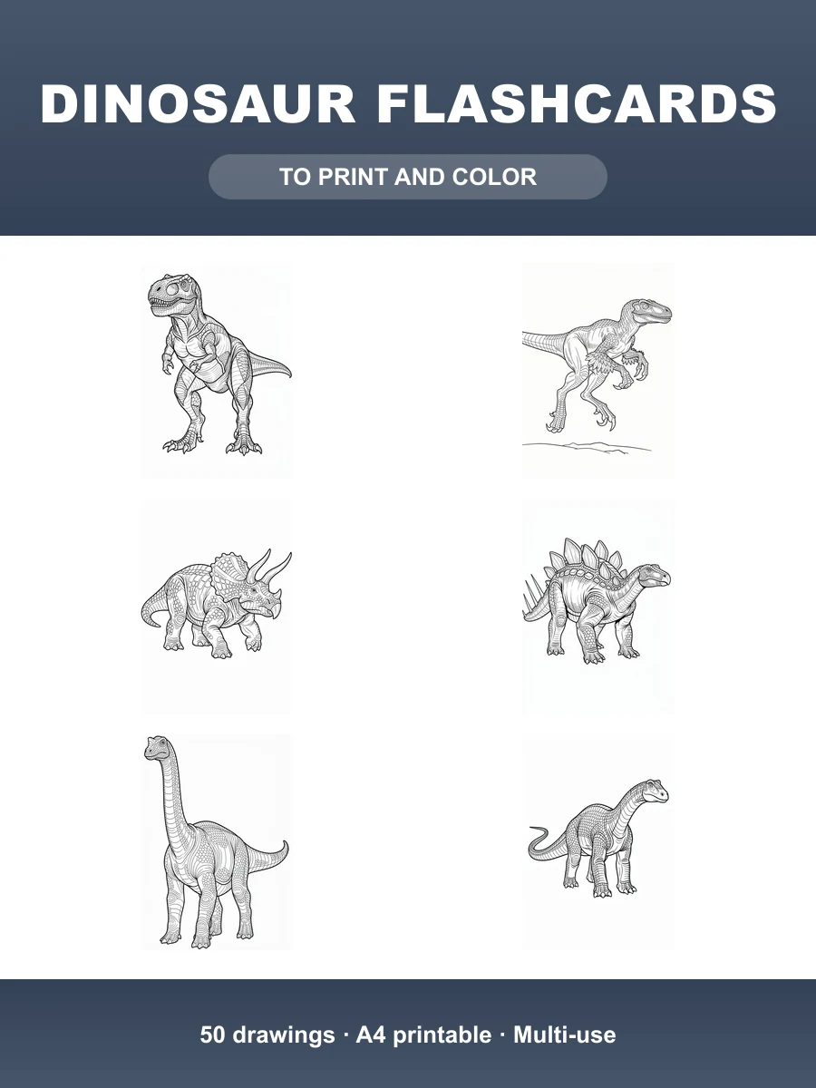 Dinosaur Flashcards · 50 Printable B&W Drawings