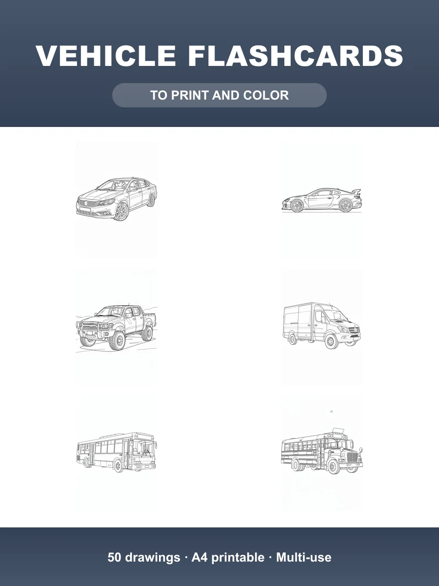 Vehicle Flashcards · 50 Printable B&W Drawings