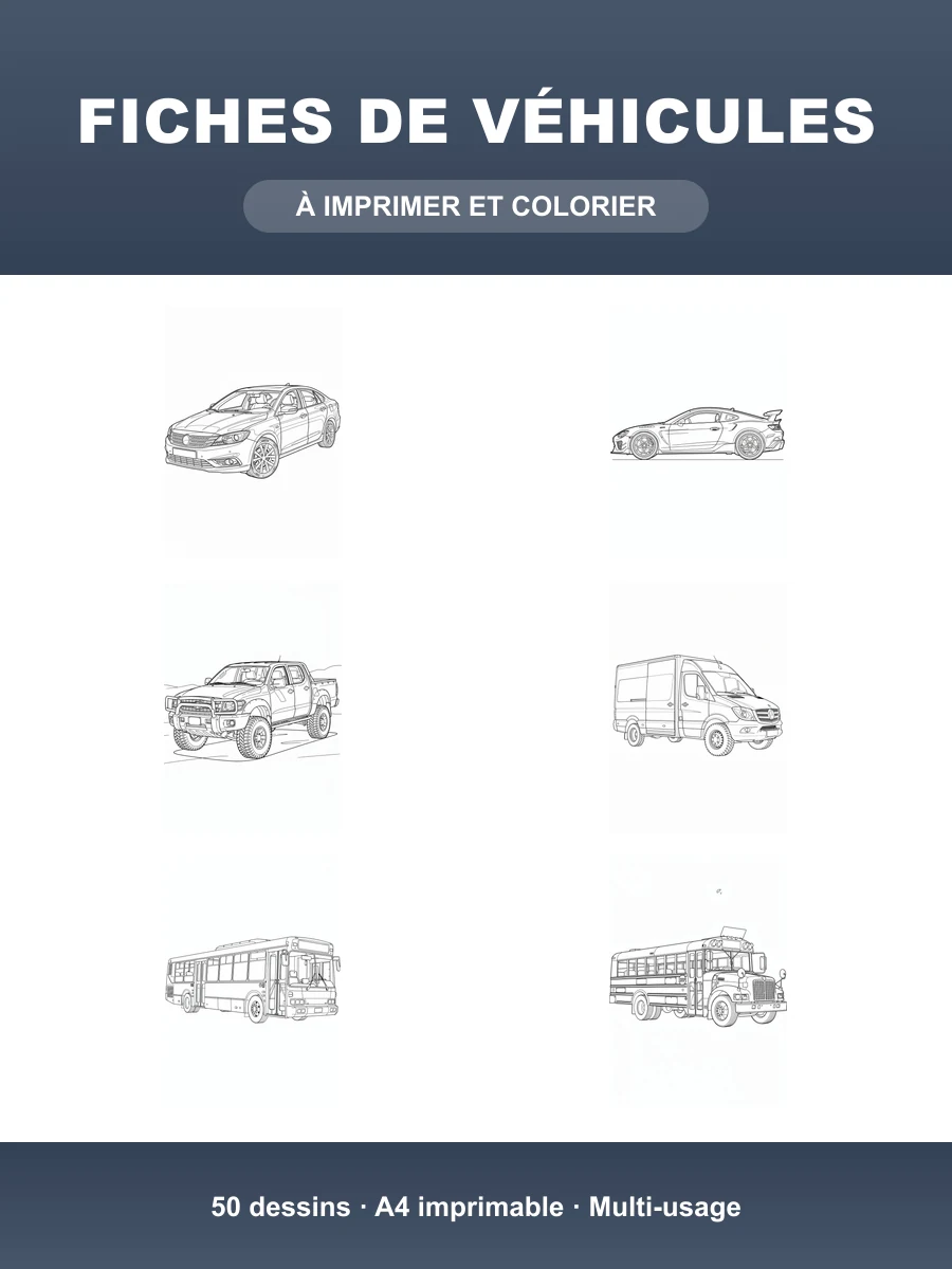 Fiches de Véhicules · 50 Dessins N&B Imprimables