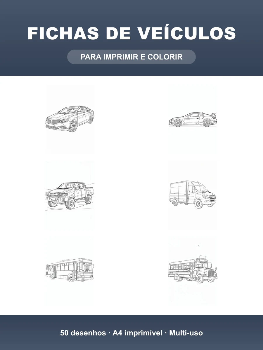Fichas de Veículos · 50 Desenhos P&B para Imprimir