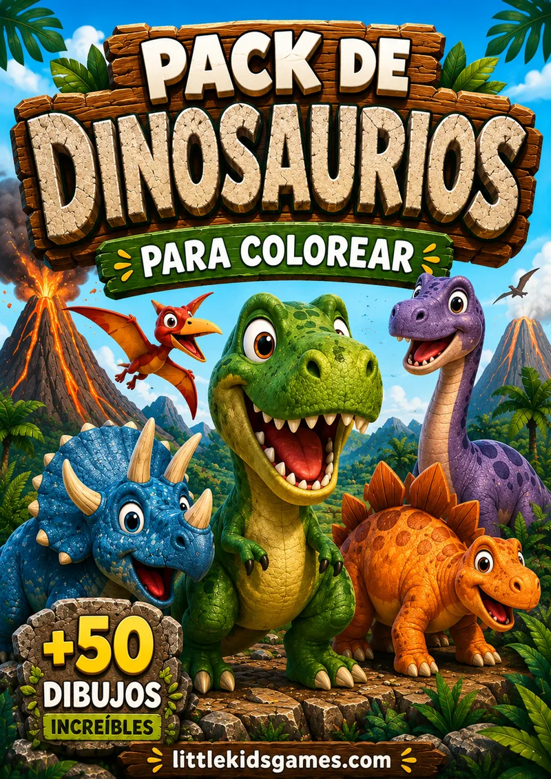 T-Rex, Velociraptor, Triceratops y 47 dinosaurios más para que los pequeños paleontólogos viajen al jurásico con sus crayones.