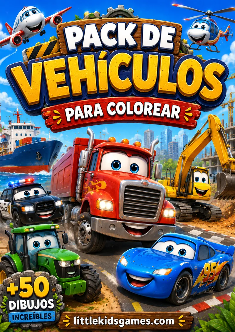 Autos, camiones, aviones, trenes, barcos y mucho más. 50 dibujos de vehículos en acción, perfectos para los pequeños fans de las ruedas.