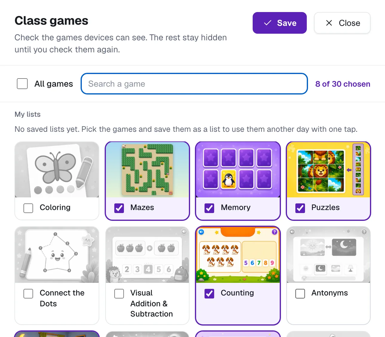 The games chosen for the class, on the dashboard