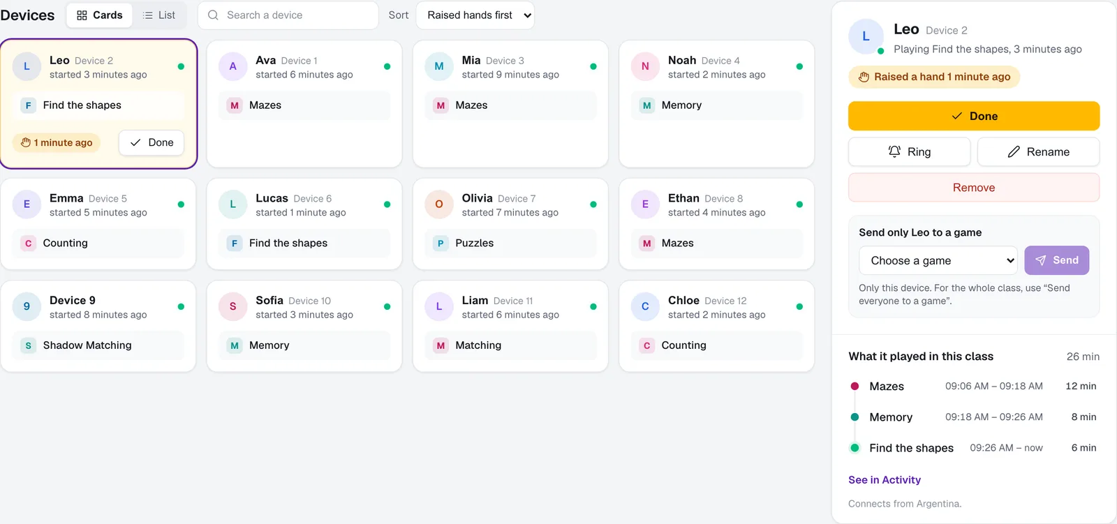 The device cards on the dashboard