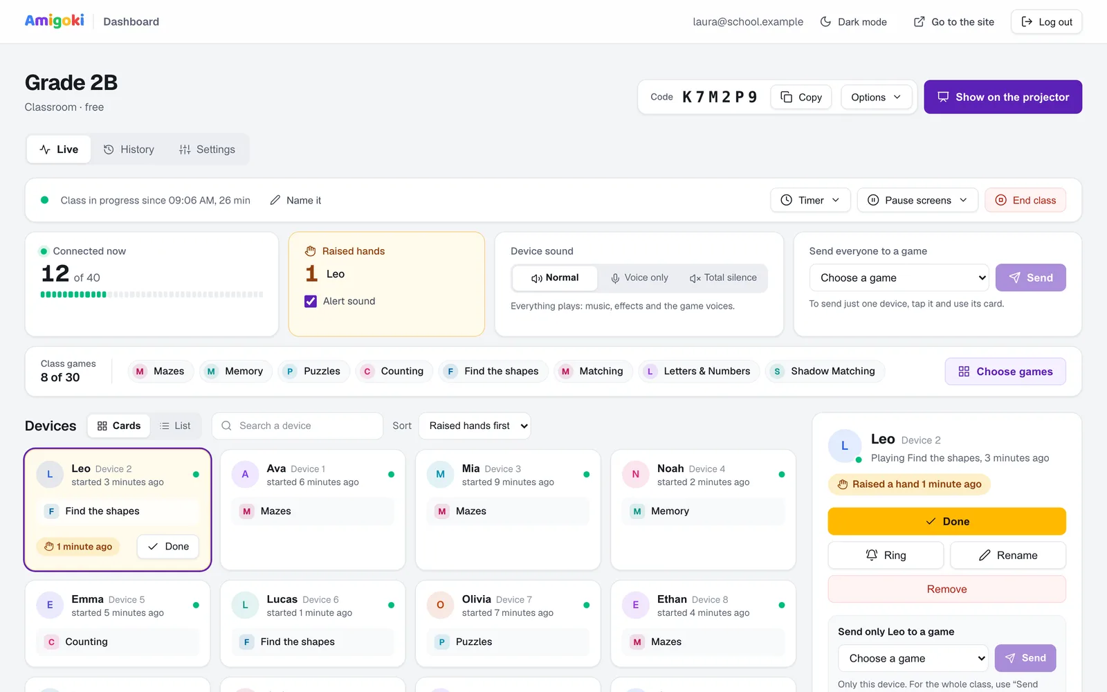 The teacher dashboard, with the class code at the top right