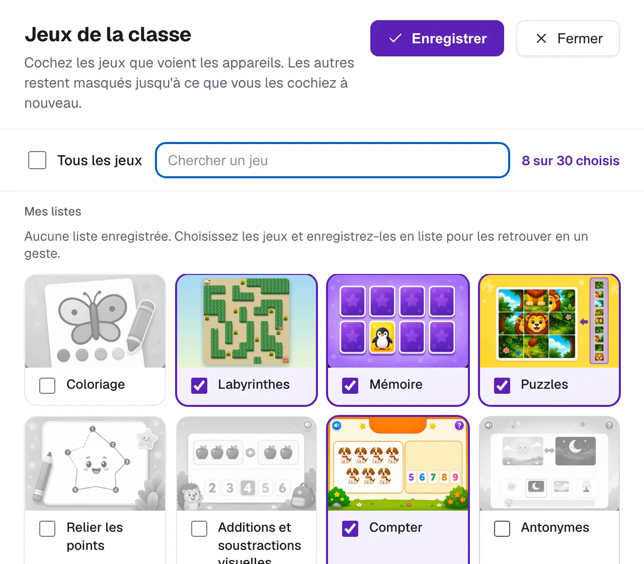 Les jeux choisis pour la classe, sur le tableau de bord